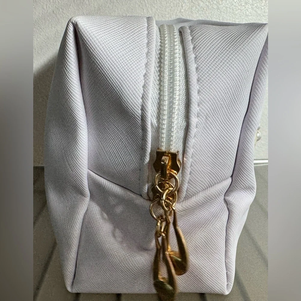 Elegant White Pearl and Crystal bride cosmetic bag gold accent
